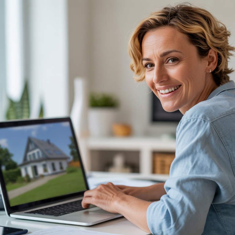 Eigentümerin am Laptop, auf dem Bildschirm ihr Haus