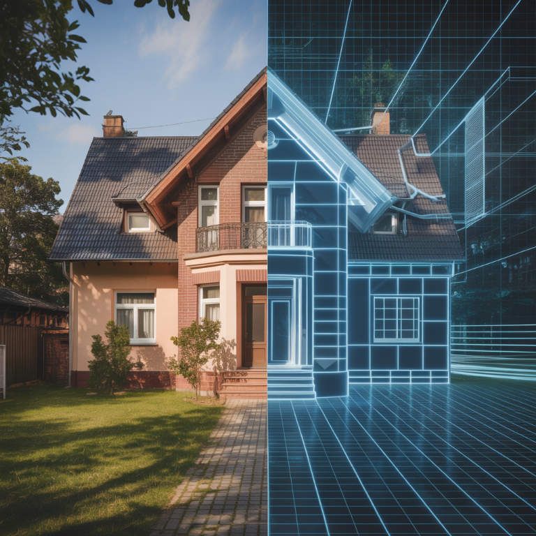 Ein Wohnhaus, halb als Foto, halb als digitales Drahtgittermodell