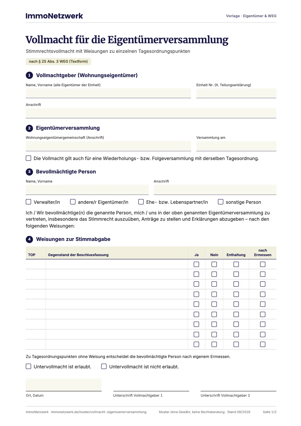 Vorschau der ersten Seite: Vollmacht für die Eigentümerversammlung